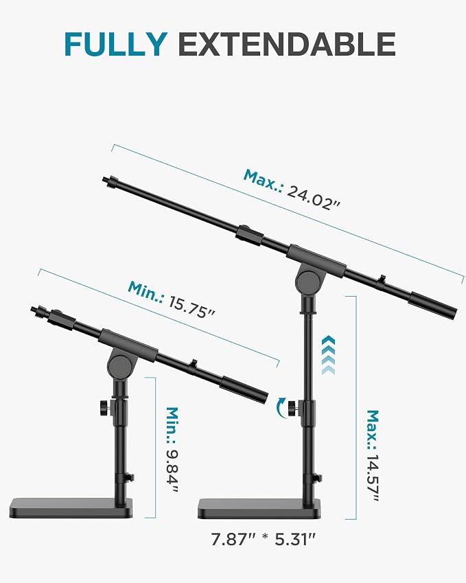 InnoGear Mic Stand Desk Boom Arm Microphone Stand for Blue Yeti Kick Drums | for Shure Fifine Guitar Amps, 4.4lb Weight Capacity, Arm Swivel Sideways, Stable, Extendable, Adjustable, Cable Clip Included - Image 3