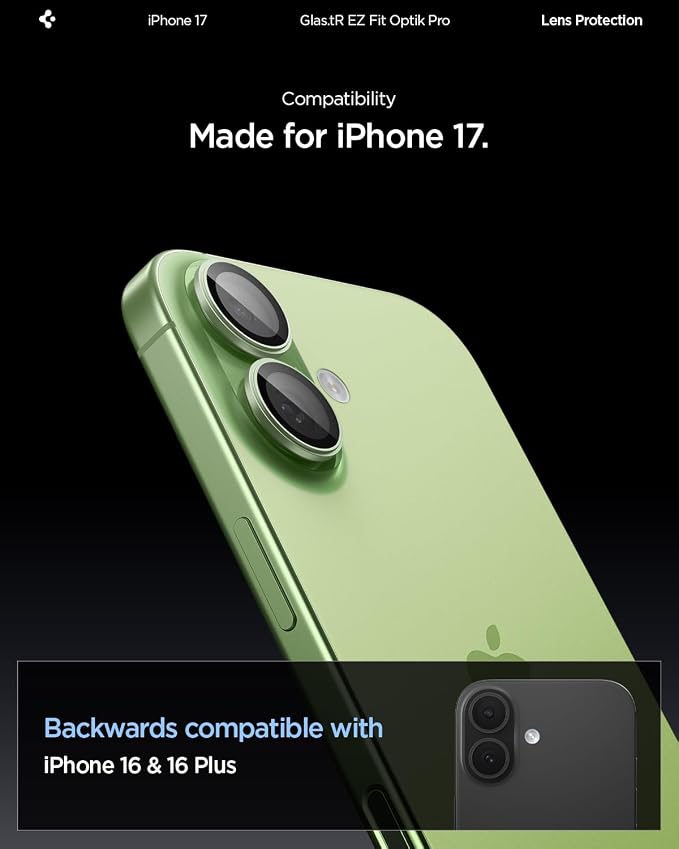 Spigen Camera Lens Protector for iPhone 17 (16 Plus/16) - Sage | GlasTR EZ Fit Optik Pro, 9H+ Tempered glass, Scratch resistant, Auto-align tray, Case-friendly, Original Photo Quality, 2Pack - Image 2