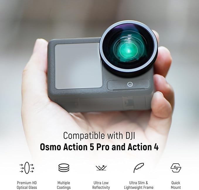 NEEWER ND Lens Filter Accessories Kit Compatible with DJI Osmo Action 5 Pro/4, HD Variable ND8-32 + CPL + Black Diffusion 1/4 for Mist Cinematic Effect + 185° Wide Angle Lens, FL-53 - Image 2
