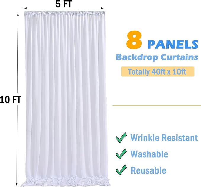 40ftx10ft Wrinkle Free White Backdrop Curtains for Party Background, 8 Panels 5x10ft Silky Polyester Photo Backdrop Drapes Back Drop Cloth for Wedding Birthday Photography Bridal Baby Shower Decor - Image 6