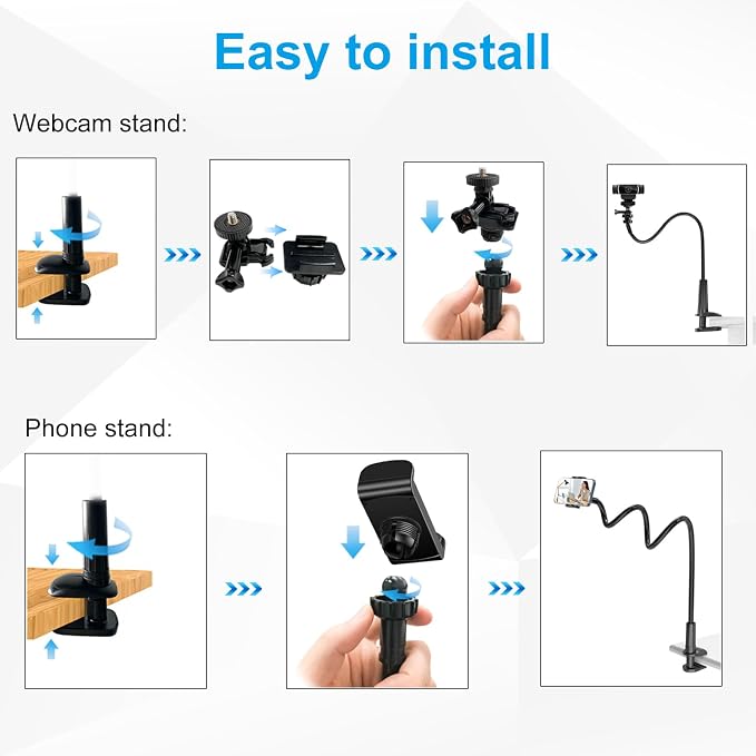 Webcam Stand for Desk, Flexible Gooseneck Webcam Mount Holder Arm with Phone Holder, Web Cam Stand Computer Camera Desk Mount for Logitech C922 C930e C920S C920 C615 C960 C920x BRIO 4K NexiGo N60 - Image 7