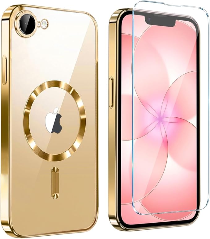 Magnetic Glossy Case for iPhone 17e,iPhone17e/16e Phone Case Slim Clear Luxury with Screen Protector & Camera Protector [Compatible with MagSafe], Shockproof Cover for iPhone Case 17e-Gold by Unknown