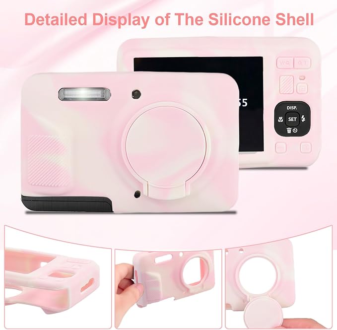 Camera Case for Kodak PIXPRO FZ55 with 2-Pack Screen Protector | Cute Charm Wrist Strap, Soft Silicone Protective Case with Removable Lens Cap for Kodak FZ55 Accessories - Pinkish White - Image 6