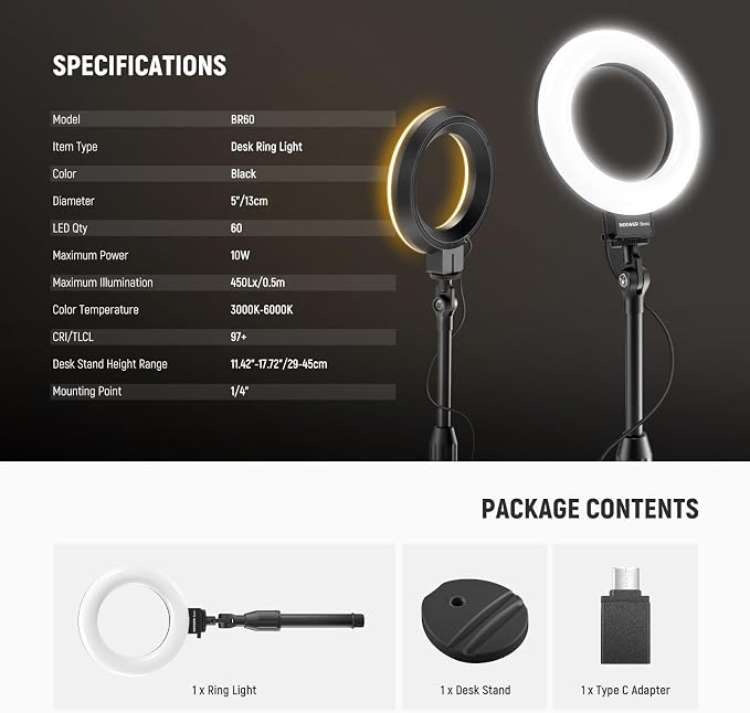 NEEWER Basics 5"/13cm Desk Ring Light with Stand, 10W LED, Black BR60 | Phone Holder Base, Compatible with iPhone, Selfie, Video Recording, Makeup, Laptop Webcam Zoom, Video Conference Lighting - Image 8