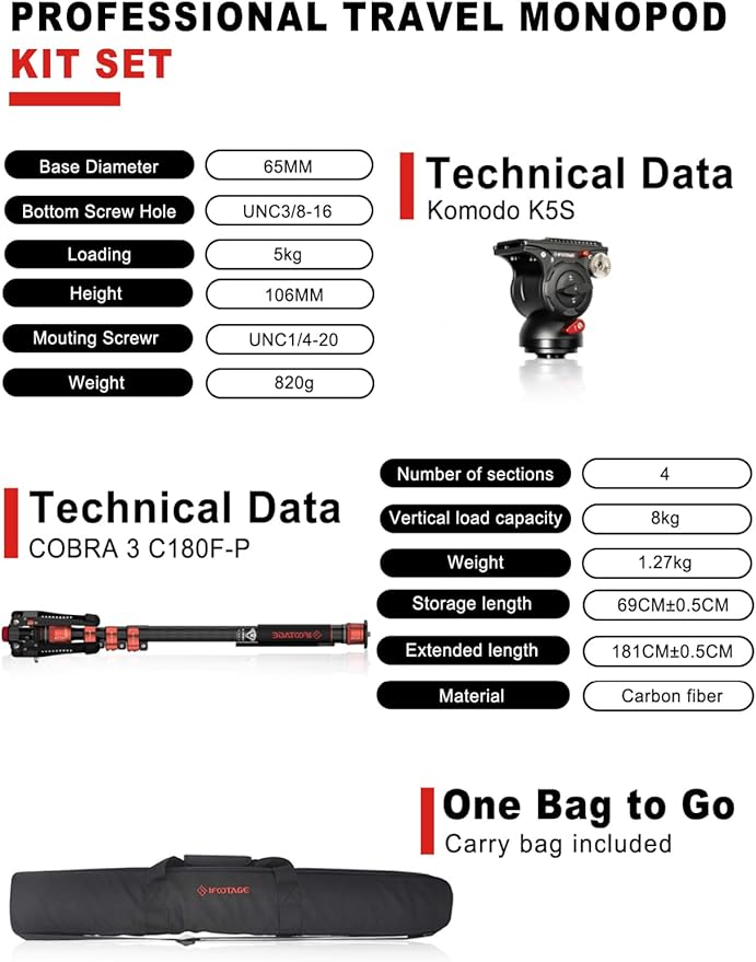 IFOOTAGE Cobra 3 C180F-P+K5S Carbon Fiber Video Monopod 71" | Fluid Head Travel Monopod Kit for Canon Nikon Sony Olympus Panasonic DSLR Camera, Payload 17.64lbs/8KG - Image 3