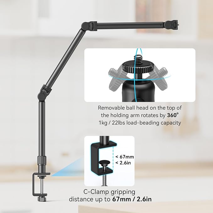SMALLRIG Overhead Camera Mount, Camera Desk Mount Stand with Flexible Arm | 360° Rotatable Ball Head, DSLR Boom Arm Tabletop C Clamp for Photography Videography Live Stream - 4456 - Image 9
