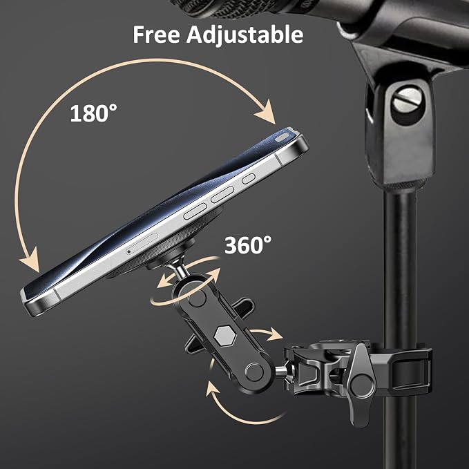 Mic Stand Phone Holder Aluminum Compatible with Magsafe iPhone 16/15/14/13/12 Plus Pro Max Series, Side Mount Cellphone Music Stand Holder for Microphone, 360° Swivel Tilt Adjustable Mic Phone Mount - Image 7