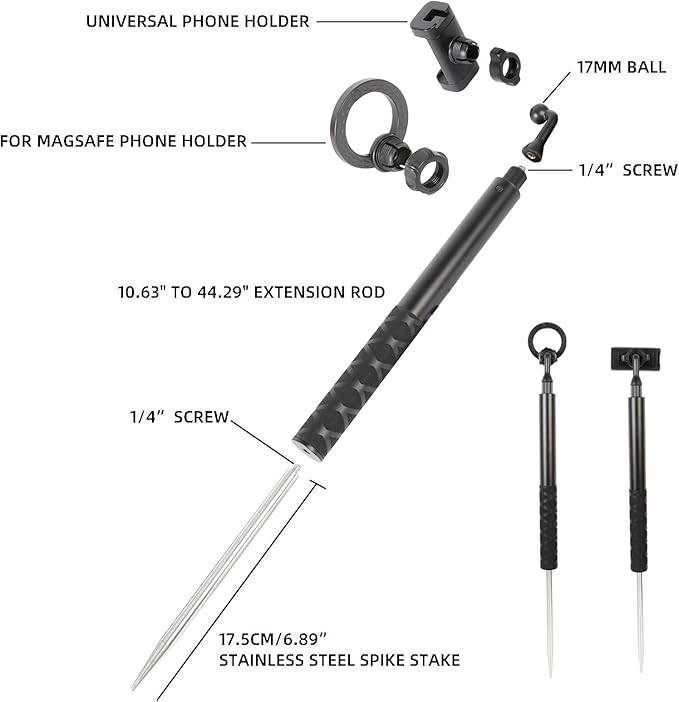 Ground Golf Monopod and Tripod Phone Holder Stand with Spike Stake, 46" Extendable Selfie Stick & Universal 1/4" Screw - Record Stable Hands-Free Golf Swing Videos for magsafe and All Smartphones - Image 4