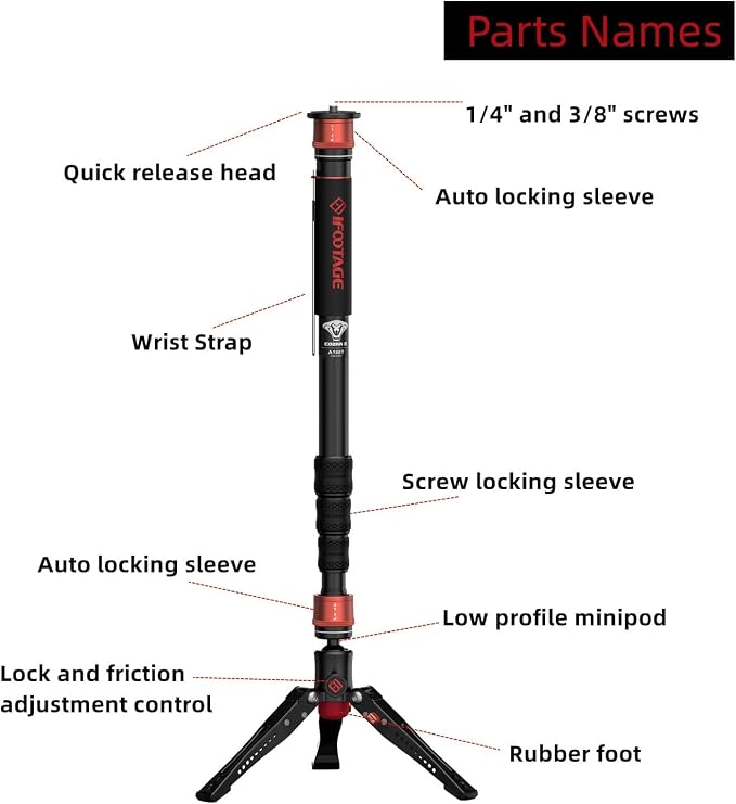 IFOOTAGE Cobra 3 A180T,Camera Monopod with Tripod Base,Aluminum Professional Video Monopod,Suitable for SLR Cameras and Camcorders(71") - Image 2