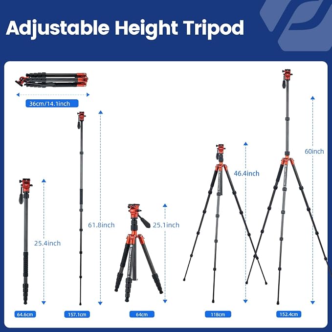 Fotopro 59" Carbon Fiber Travel Tripod, Compact Video Tripods with Fluid Head, Detachable Monopod with Arca-Swiss Quick Release Plate and Bag, Camera Tripod Load up to 8KG/17.63lbs, Orange - Image 3