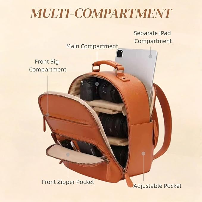 Small Camera Backpack, Classic PU Leather for DSLR, Professional Camera Bag for Photographers with 11 Inch Pad/Tablet Compartment, 10L Brown - Image 7