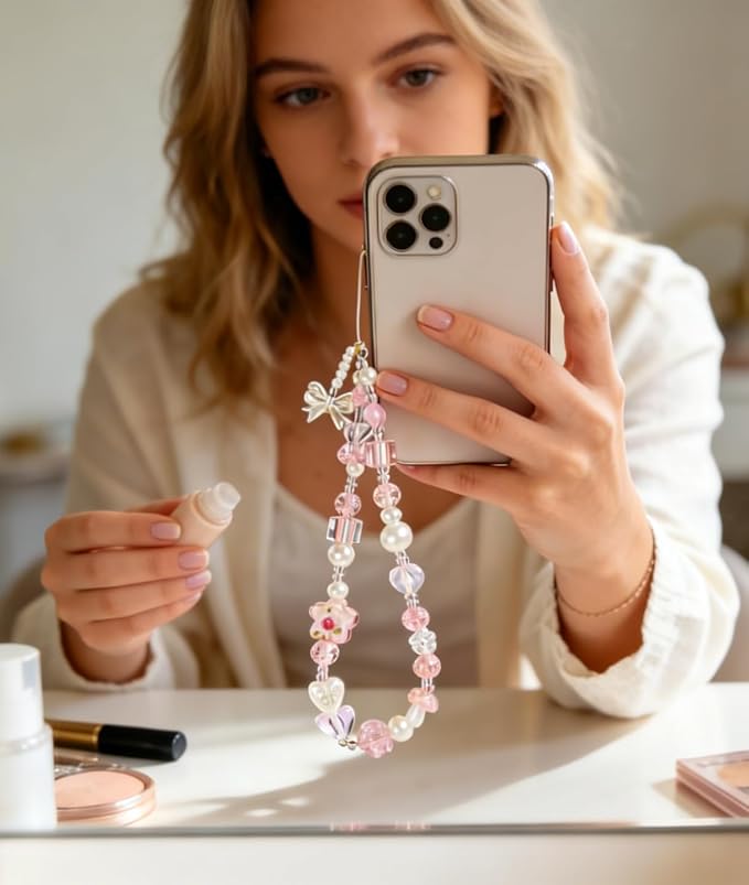 2 Pcs Phone Charm Strap Hand for iPhone Wrist Strap Camera Lanyard Pearl Beaded Cute Chain String Accessories Universal for iPhone 17 Pro Max 16 15 Samsung Women Girls Keychain Bow Flower Blue Flower - Image 2