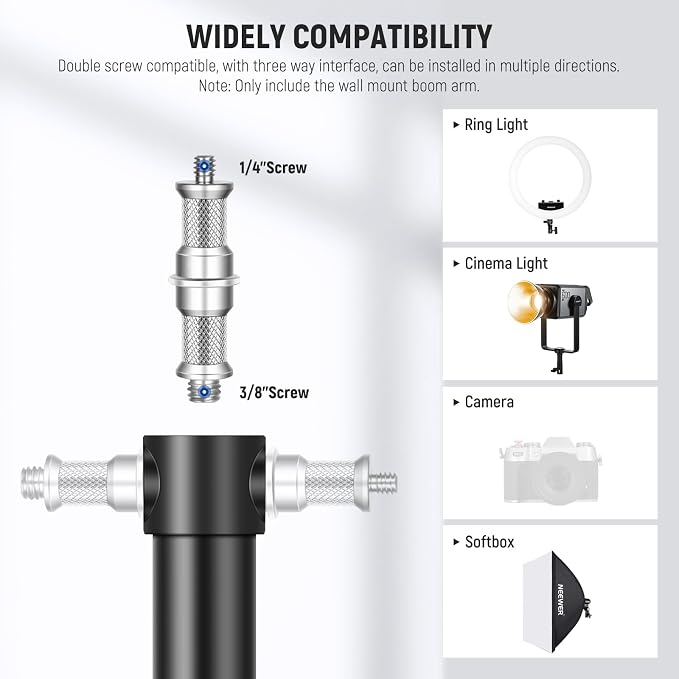 NEEWER Ring Light Wall Mount Boom Arm, 22"-46"/55-116cm, Aluminum Alloy | 180° Swivel, Triangle Light Wall Mounting, for Photography Strobe Monolight Softbox Umbrella Reflector, Max 6.6lb/3kg, WB-100 - Image 5