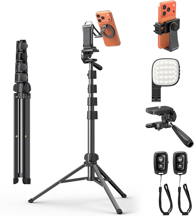 OMOTON TP02-Pro-PK 65" Magnetic Phone Tripod Kit with Fill Light & 2 Remote | Arca-type Base with a 1/4" Screw Hole, Adjustable Height, 10-level Adjustable Brightness, USB-C Charging, for iPhone 12-17 by OMOTON