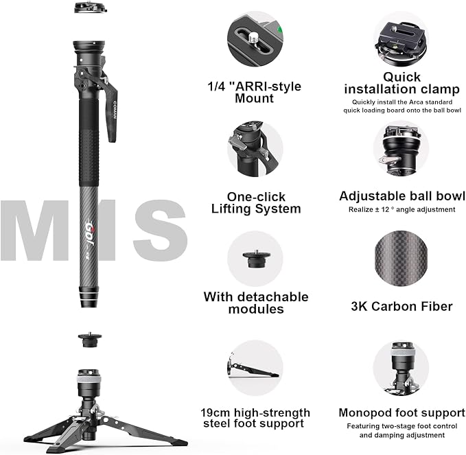 One-Click Lifting Monopod with Feet, 65’’ Travel Monopod with 360° Ball Bowl Head, Lightweight Camera Tripod with Arca Quick Release for Canon Nikon, DSLR Cameras, Max Load 22lbs/10kg (M1S) - Image 5