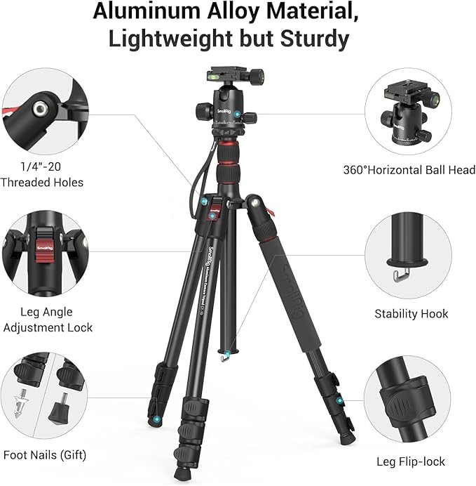 SmallRig CT-20 Camera Tripod, 78.7" Foldable Aluminum Tripod & Monopod, 360°Ball Head Detachable, Payload 33lb (200cm/78.7") - Image 4