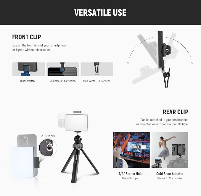 NEEWER Basics VL67B Phone Selfie Light for iPhone with App Control Bi Color | 2000mAh, Clip on Fill Light, for Vlogging Recording Streaming, Computer/Laptop/Webcam/Monitor Video Conference Lighting - Image 7
