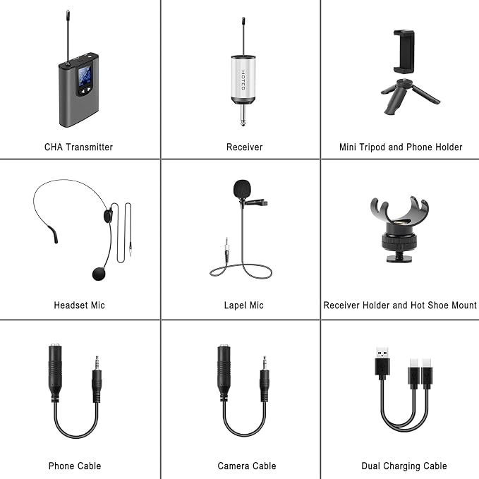 HOTEC UHF Wireless Headset Microphone/Lavalier Lapel Mic with Bodypack Transmitter and Mini Rechargeable Receiver 1/4" Output for Vlogging or Speech - Image 9