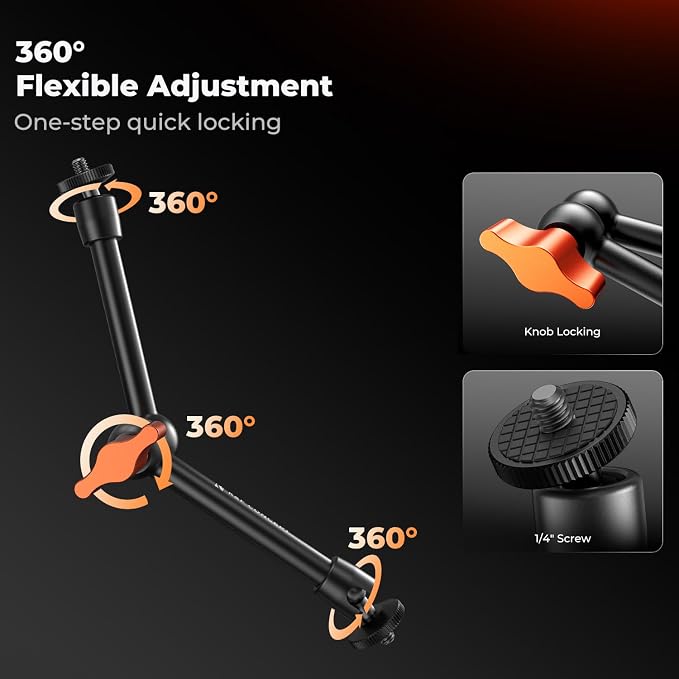 K&F CONCEPT 9.8" Magic Arm Clamp with Phone Holder | 360° Ball Heads Camera Arm Mount for Phone/LED Lights/Monitor/Flash/Microphone/DSLR Camera, MS32 - Image 3