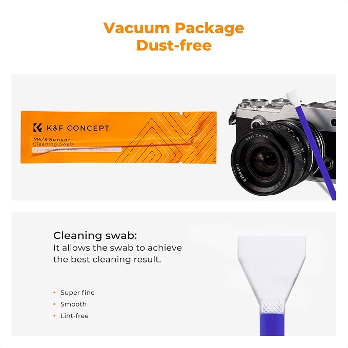 K&F CONCEPT M4/3 Sensor Cleaning Kit with Sensor Cleaner for M4/3 Cameras | 12mm sendor SwabsX10,Vacuum Package,Flexible Grip Rod,Superfine Microfiber Cloth Material,Mild Cleaning Liquid,MA03 - Image 3