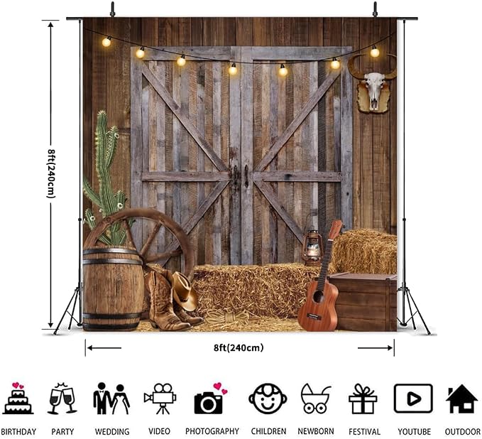 Western Cowboy Backdrop 8x8ft Western Party Decorations Wild West Saloon Rodeo Barn Photography Background Cowboy Theme Birthday Party Decor Banner Photoshoot Supplies - Image 5