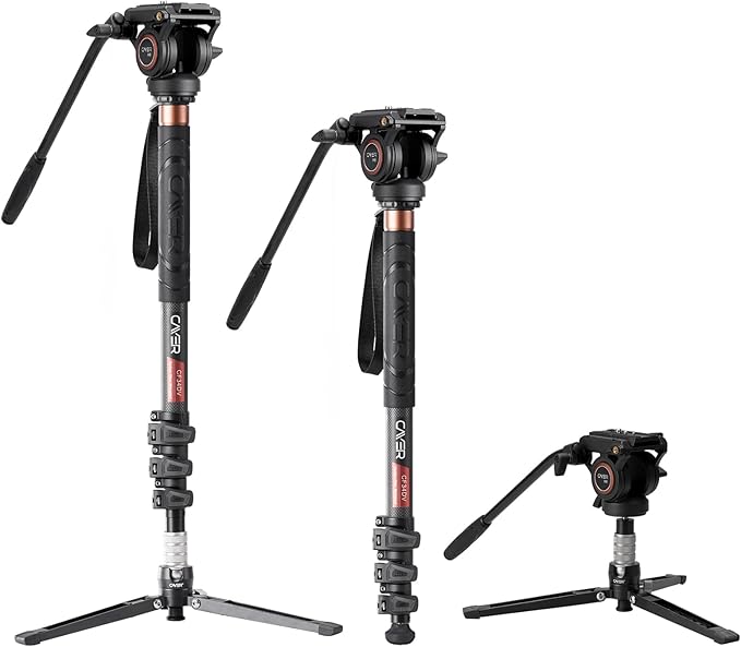 Cayer CF34 Carbon Fiber Monopod, 72" Fluid Head with Folding Base for DSLR | Carbon Fiber Monopod Kit, Fluid Head, Folding Support Base, 2 Quick Release Plates, Dual-Mode Compatible Mount by Cayer