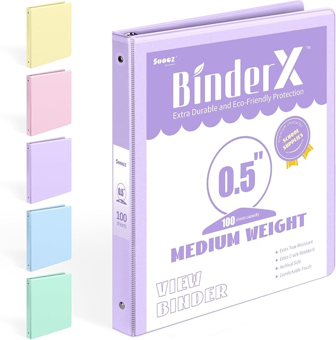 BinderX 3 Ring Binder 1/2 Inch, 0.5" Clear View Binder, Lavender, Letter | Extra Durable, PVC-Free, Customizable, Interior Pockets, 100-Sheet Capacity, Eco-Friendly, Reinforced Hinge, School, Office by Sooez