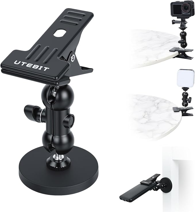 UTEBIT Dual Ball Head Cameras Clip for GoPro, with 1/4'' Swivel Mount | 66mm Strong Magnetic Base with 360° Dual Ball Heads for Studio Backdrops, Video Lights, Photography Accessories Clamp, Black by UTEBIT