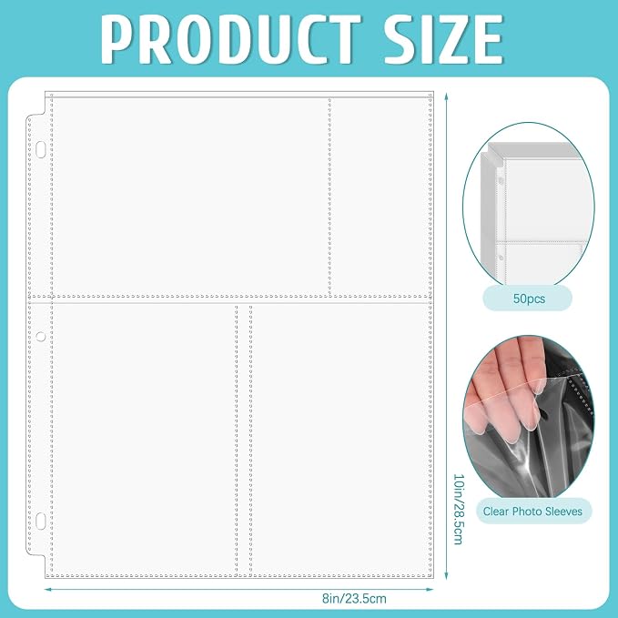 VOKOY 50 Pack 4" x 6" Clear Photo Sleeves for 3 Ring Binder, Double Sided 3-Pocket Sheet Protectors Archival Photo Album Postcard Refill Pages Storage Pockets Organizer, 300 Pockets - Image 2