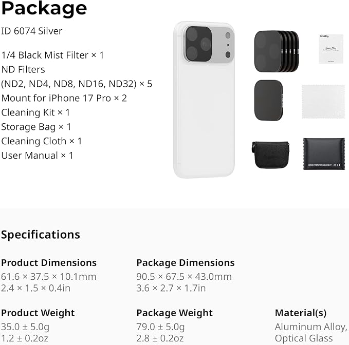 SmallRig Square ND & Black Mist Filter Kit for iPhone 17 Pro, Magnetic Lens Filters with Base Mount, Black Mist Diffusion 1/4 Filter/ND2/ND4/ ND8/ND16/ND32, 6 Pack, Silver - 6074 - Image 6