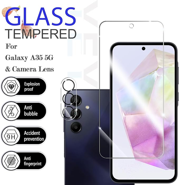 Galaxy A35 HD Clear Tempered Glass Screen Protector + Camera Lens Protectors, [2+2 Pack] [3D Glass] [Anti-Glare] [Bubble-Free] Screen Protector Glass For Samsung Galaxy A35 - Image 2