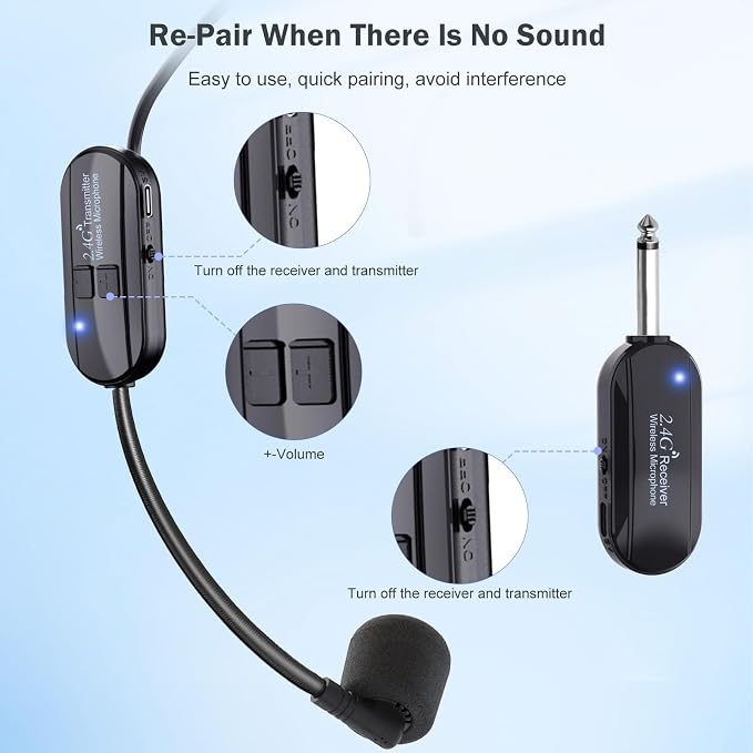 Wireless Microphone Headset Double Professional: Cordless Mic Head for Two People, Heads Handheld Mics 2 in 1- USB-C Rechargeable - 1/4'' and 1/8'' Plug for PA System, Voice Amplifier,Teaching,Fitness - Image 7
