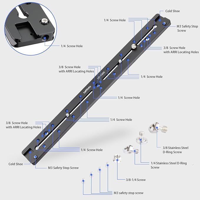 LEFTFOTO 400mm Lengthened Quick Release Double Dovetail Slide Rail Universal QR Plate, with ARRI Locating Hole, 1/4" & 3/8" Threads, Cold Shoe - for DSLR Camera Tripod Ballhead - Image 4