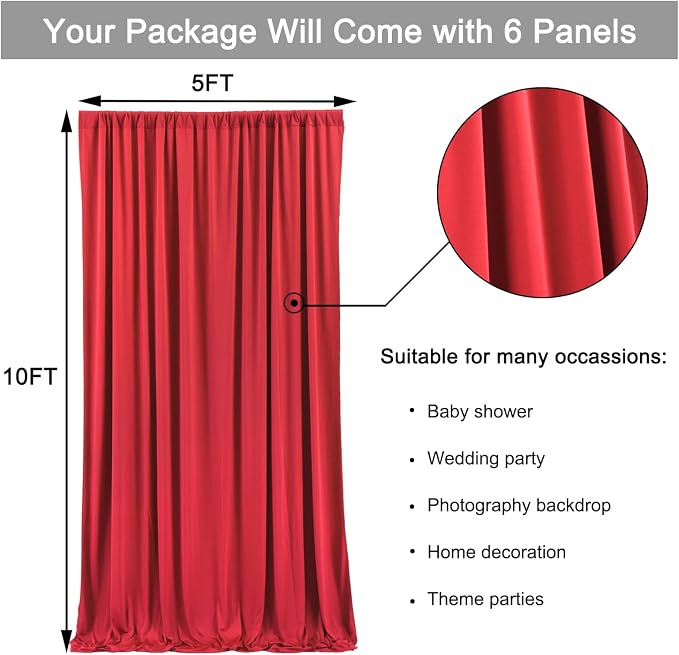 30ftx10ft Wrinkle Free Red Backdrop Curtains for Parties, 6 Panels 5x10ft Silky Polyester Photo Backdrop Drapes for Wedding Birthday Christmas Party Photography Background - Image 5