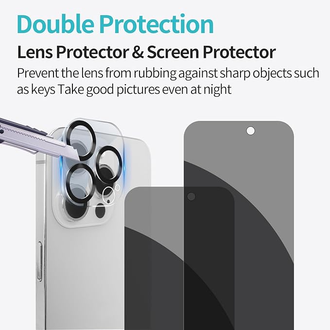 PEHAEL for iPhone 15 Pro Max Privacy Screen Protector+Camera Lens Protector | Installation kits, Anti-Spy Private, Anti-Scratch, 9H Tempered Glass, Case Friendly, 2+2 Pack, [6.7 inch] - Image 6