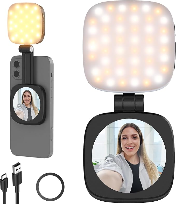 NEEWER BASICS Magnetic Selfie Light Compatible with MagSafe iPhone,CRI95 700lx/0.3m Folding LED Phone Fill Ring Lighting with Mirror for Zoom Makeup Photography Recording Video Conference, Black NL48B by Neewer