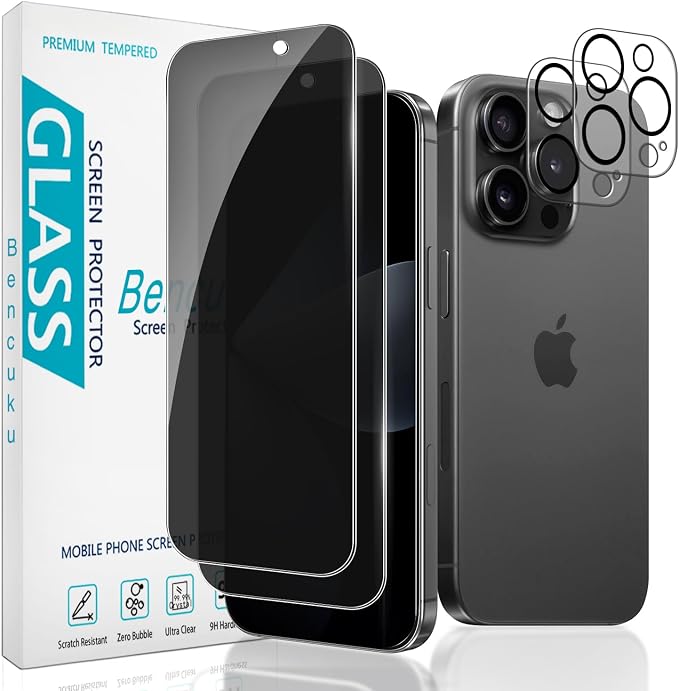 2+2 Pack Privacy Screen Protector for iPhone 16 Pro Max | Anti Spy Tempered Glass, with Camera Lens Protector, Anti Scratch, Bubble Free by Bencuku