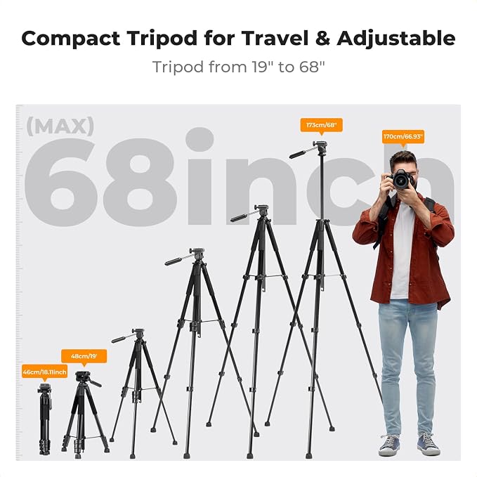 K&F CONCEPT 68" Camera Tripod Lightweight Portable DSLR Tripods | Camera Phone Video Recording Tripod Stand, Cellphone Clip for Smartphone Live Streaming Vlog. S254A3+BV01 - Image 4