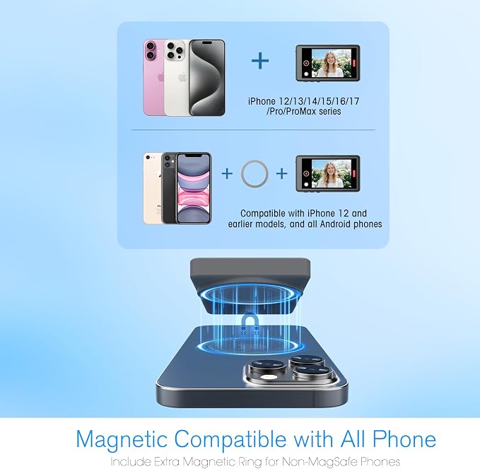Vlog Selfie Monitor Screen iPhone, Screen Mirroring with Remote Control | 4K 60fps Recording, Magnetic Fixation, 180° Rotation, 3 Levels of Brightness, Compatible with iPhone & Android - Image 7