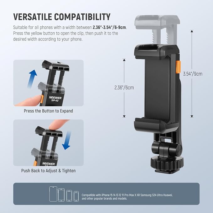 Neewer Basic Phone Tripod Mount Holder with 1/4" Thread & Cold Shoe, 2.36"-3.54"/6-9cm 360° Rotatable Camera Mount Cellphone Clamp for iPhone 16 15 14 13 12 11 Pro Max X XR Samsung S24 Ultra, SP-10 - Image 2