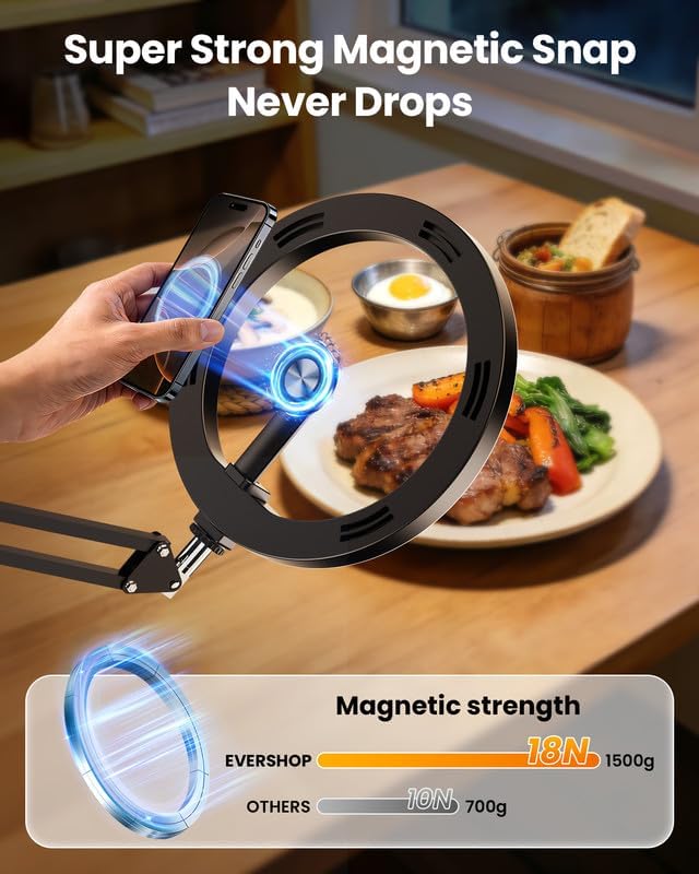 Magnetic Overhead Ring Light for Desk, 10” Selfie Light with Stand Tripod for iPhone, Adjustable Overhead Phone Mount with MagSafe-Compatible Holder for Recording, Vlogging, Crafts, TikTok, YouTube - Image 2