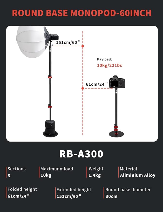 IFOOTAGE A300 Round Base Monopod 60" Camera Tripod Stand | Studio Stand with Light Adapter 1/4" & 3/8" Screw for Camera Light Webcam Live Streaming Vlogging, Payload 10KG/22LB - Image 2