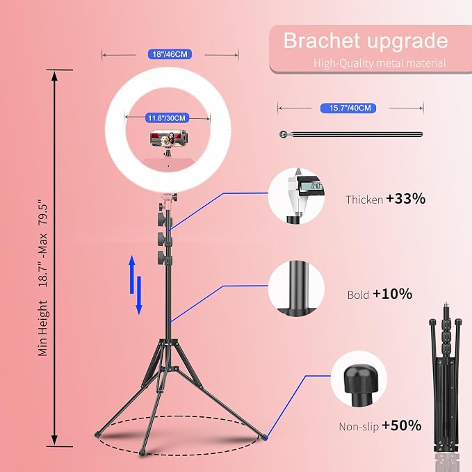55W18 45cm Ring Light Kit [New Version] 6700K Dimmable LEDRinglightTripod Stand Dual Phone Holder for iPhone Selfie Makeup LashTattoo Studio Lighting Painting,Photo Video Recording (Pink) - Image 4