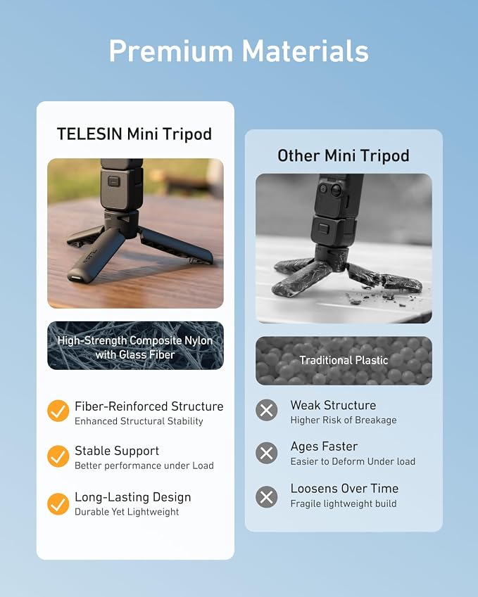 TELESIN One-Touch Deploy Mini Tripod for DJI Osmo Pocket 3 4 4P &Luna Ultra | Reinforced Desktop Stand&Grip with 1/4"Screw for Insta360 Luna Ultra X5/DJI Action 6 5pro Nano/GoPro/Camera/Phone Accessories - Image 4