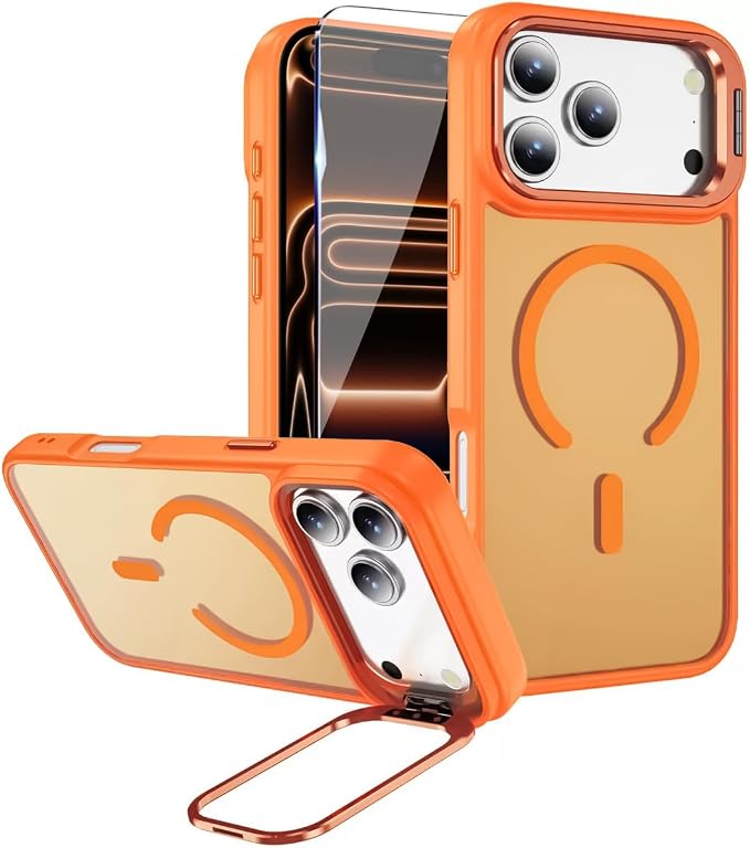 for iPhone 17 Pro Max Case,Magnetic iPhone 17 ProMax Phone Case with Screen Protector [Compatible with MagSafe] Built-in Stash Stand,Translucent Matte Shockproof Cover-Cosmic Orange by Unknown