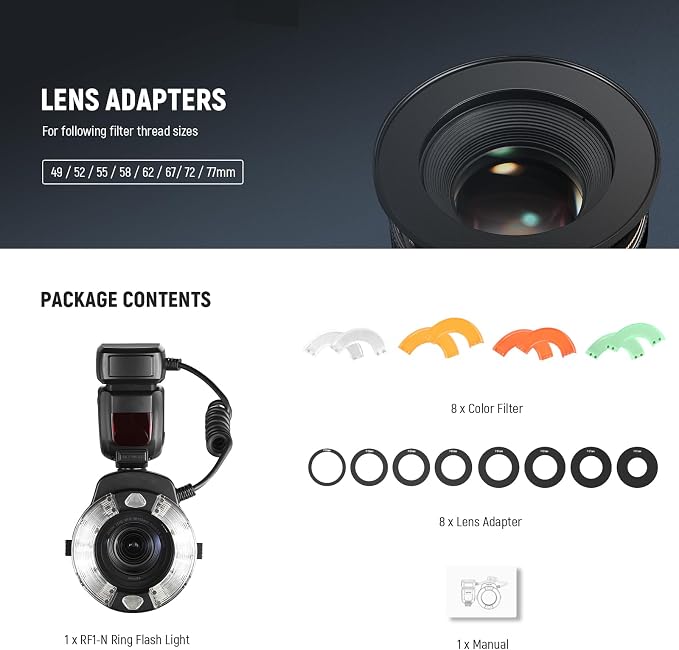 NEEWER RF1-N Marco Ring Flash Light Compatible with Nikon Camera, 76Ws GN15 5600K TTL Lighting 1-1/128 Output Front/Rear Curtain Sync Color Gels, Lens Adapter Rings for Macro Photography Studio Photo - Image 9