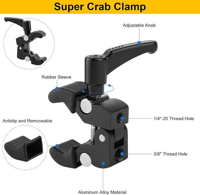 Super Clamp Camera Clamp Mount,10inch 360° Adjustable Articulating Magic Arm Holder,1/4"-20 Thread for Video Light / Insta360 / Canon Nikon DSLR Cameras,Adapter for GoPro Hero 13/12/11/10/9/8/7/6/5 - Image 3