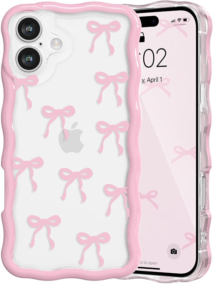 QLTYPRI for iPhone 16 Plus Pink Bow Case, Clear Cute Pink Ribbon Bow Phone Case Curly Wavy Aesthetic Phone Cover, Soft Slim Transparent TPU Shockproof Protective Cover for Women Girls - Ribbon Bow by QLTYPRI