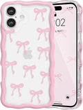 QLTYPRI for iPhone 16 Plus Pink Bow Case, Clear Cute Pink Ribbon Bow Phone Case Curly Wavy Aesthetic Phone Cover, Soft Slim Transparent TPU Shockproof Protective Cover for Women Girls - Ribbon Bow by QLTYPRI