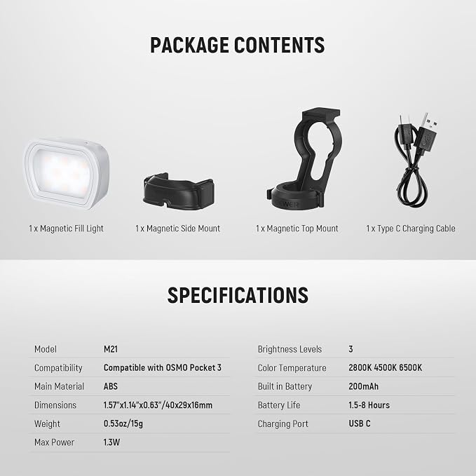 NEEWER Basic M21 Magnetic Light Compatible with DJI OSMO Pocket 3 Xtra Muse | Gimbal Camera Auxiliary Light, 1.3W USB C Rechargeable Plastic Mini LED Fill Light Attachment, Selfie Vlog Video Recording - Image 9